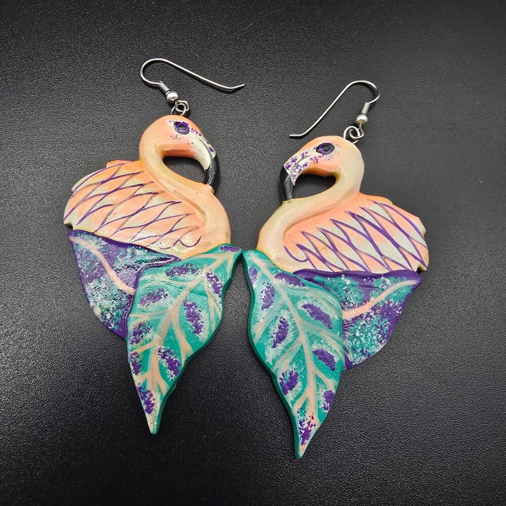 Flamingo Hand Painted Wood Earrings Carved Pink Purple Teal Vintage 1980s